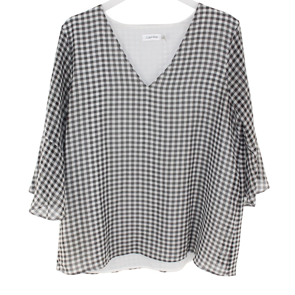 Calvin Klein Blouse Gingham Bell Sleeve L Black White